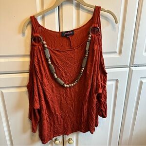 Annabelle Rust Red Cold-Shoulder Top with Beaded Necklace Detail